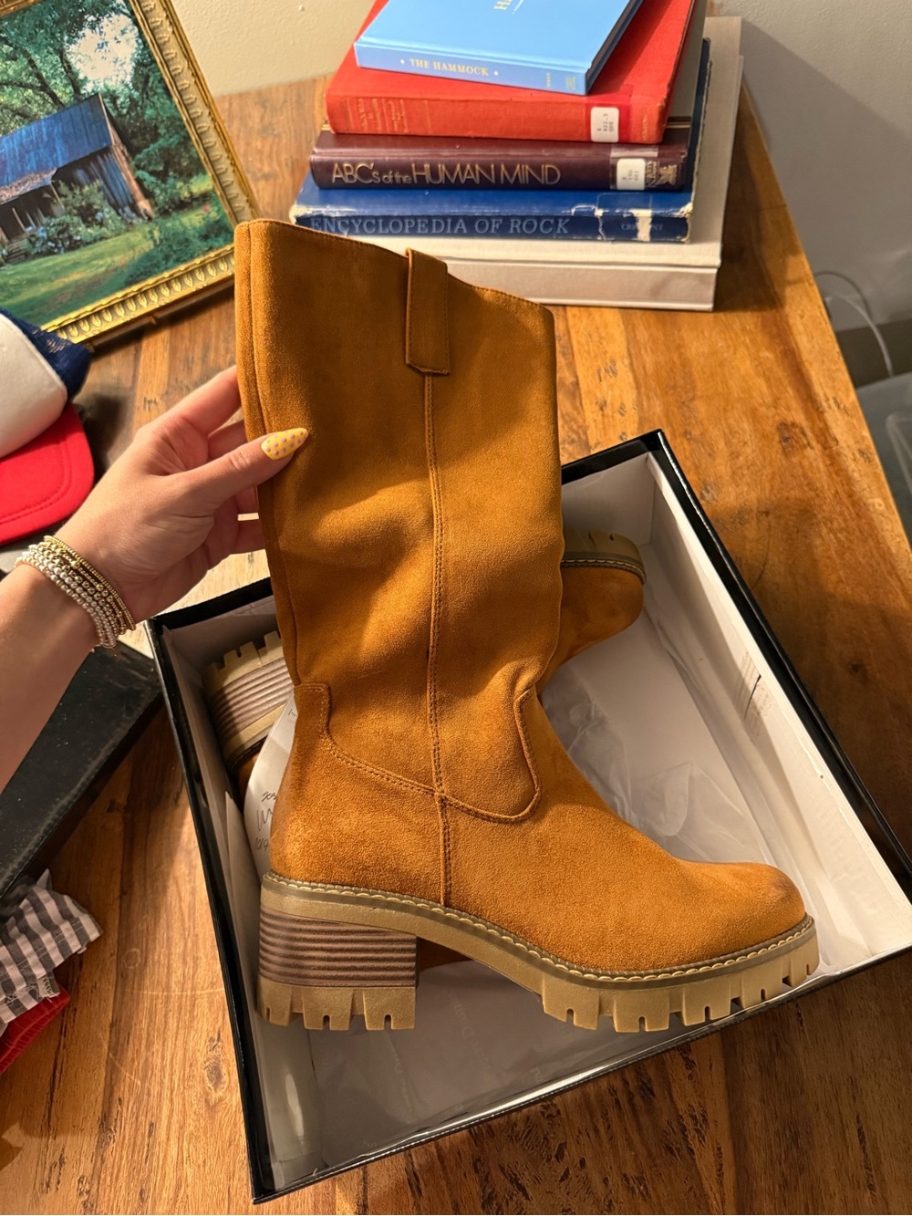 Pierre Dumas Mid-Calf Suede Lug-Heel Boots in Camel